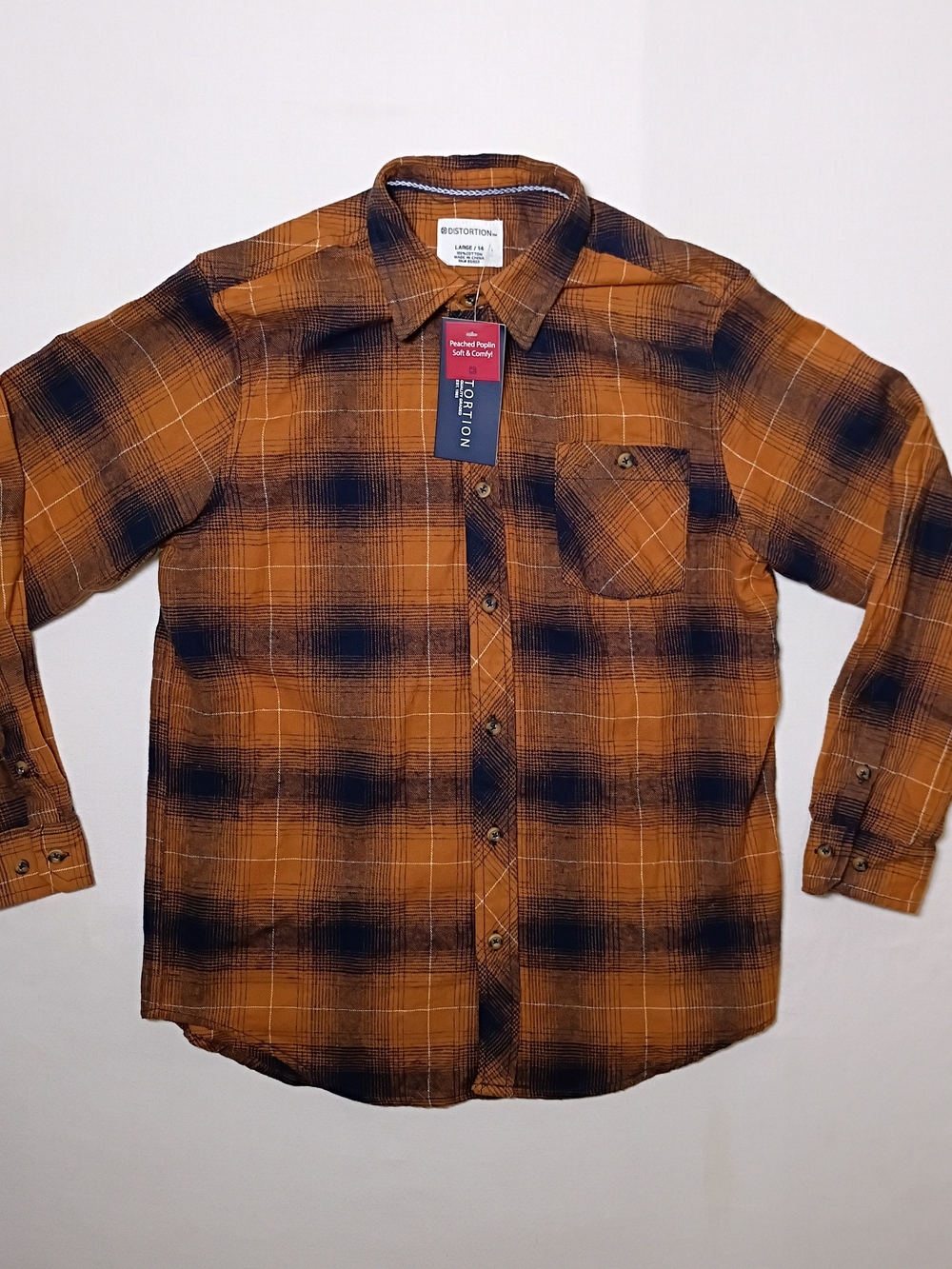 Distortion Youth Peached Poplin Flannel Shirt Large 14 Brown Navy Plaid Nwt